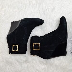 TORY BURCH Black Suede Wedge Ankle Boots with Gold Buckle and Zipper